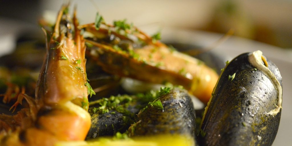 Tiger prawns and mussels prepared at The Mermaid